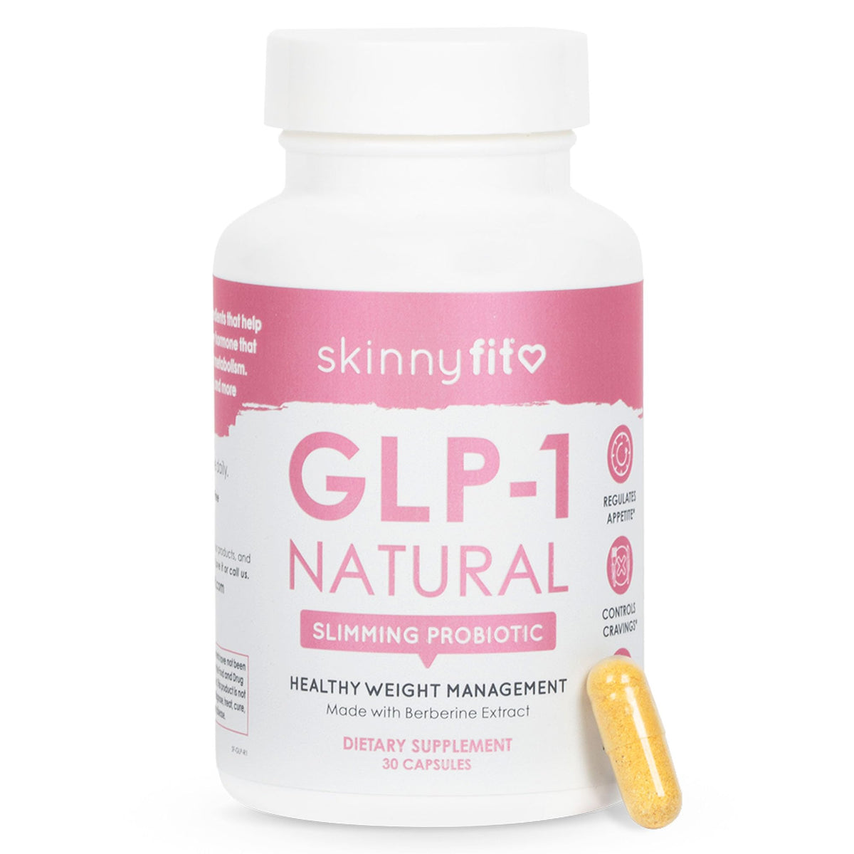 SkinnyFit GLP-1 Natural Probiotic Supplement bottle helps curb cravings and support metabolism.