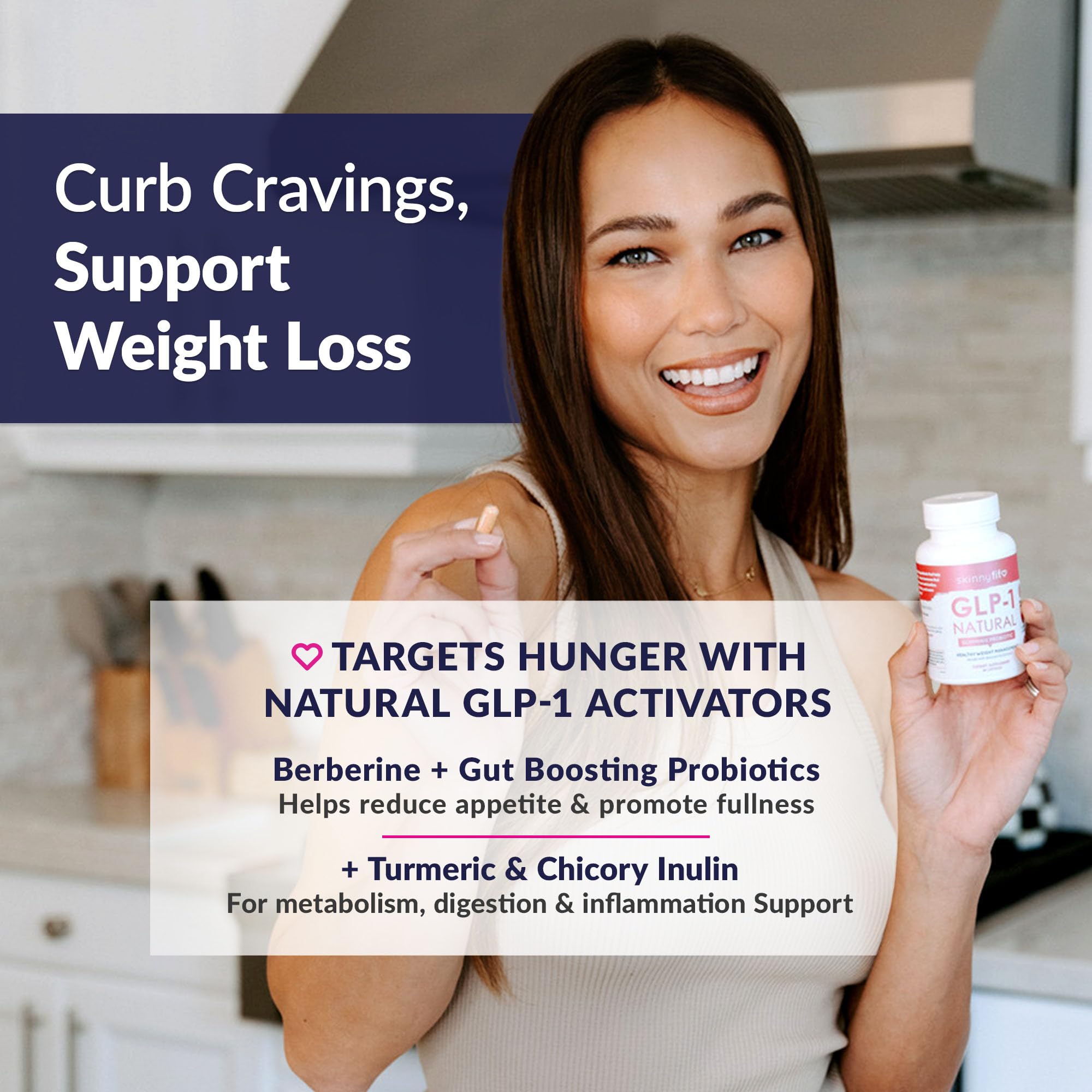 Label of SkinnyFit GLP-1 Natural Probiotic Supplement highlighting non-GMO and gluten-free benefits.