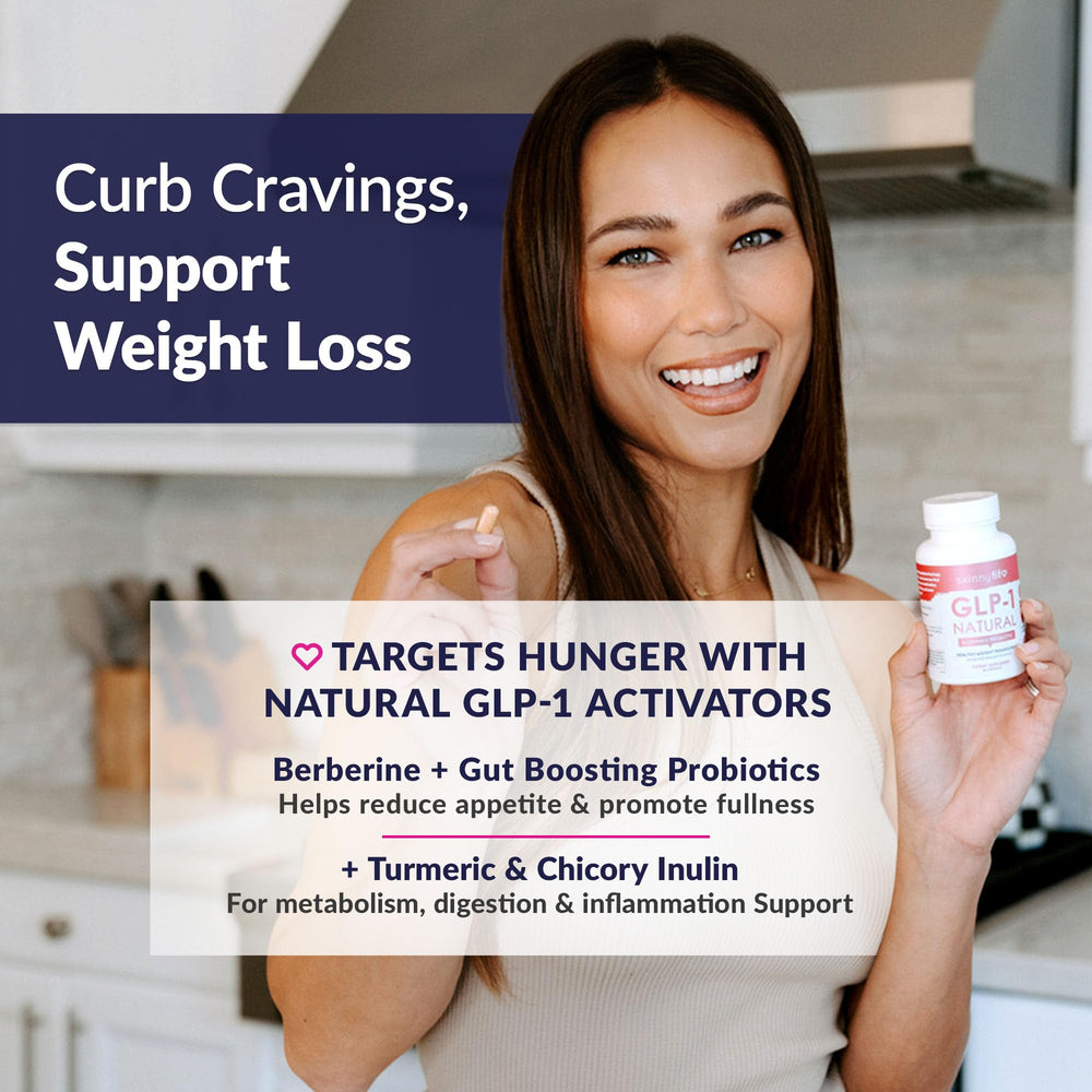 Label of SkinnyFit GLP-1 Natural Probiotic Supplement highlighting non-GMO and gluten-free benefits.