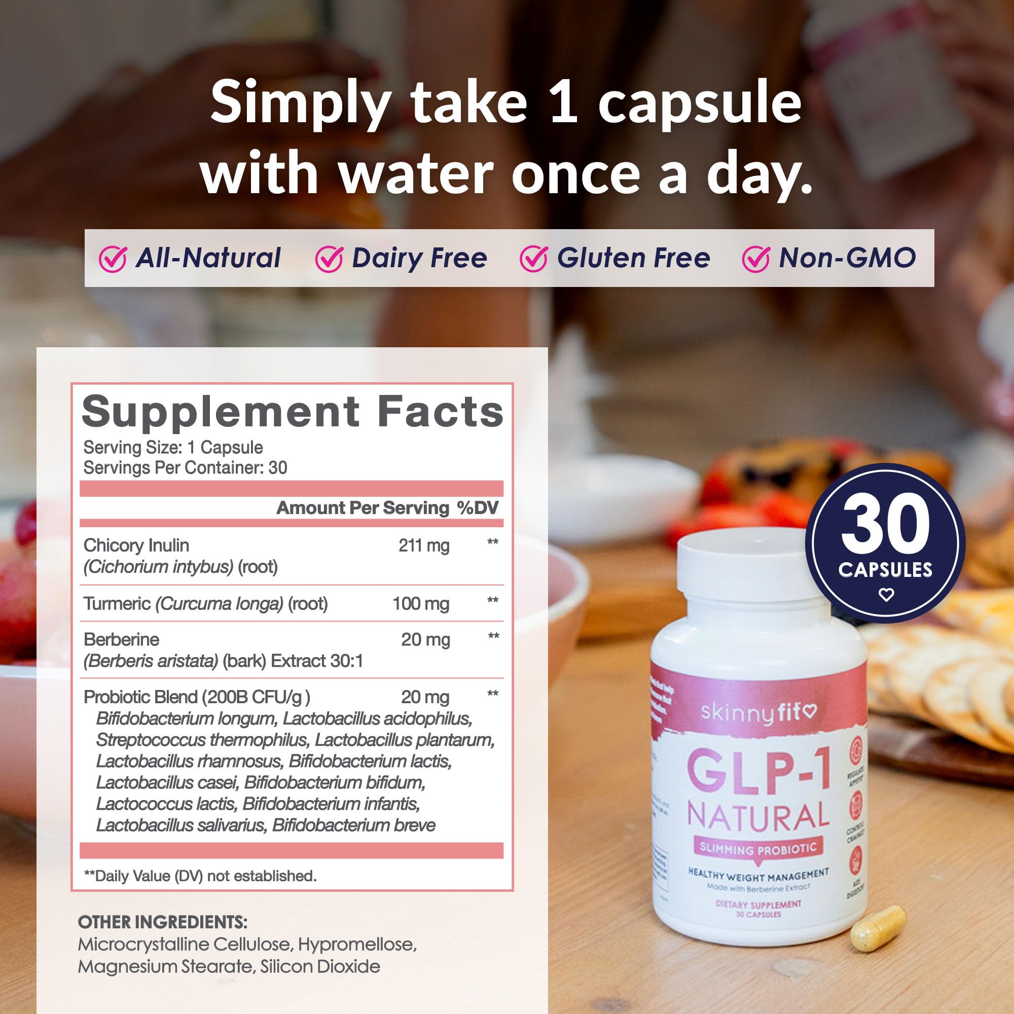 Packaging closeup of SkinnyFit GLP-1 Natural Probiotic Supplement emphasizing clean ingredients.