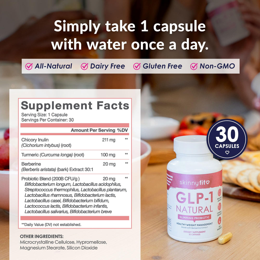 Packaging closeup of SkinnyFit GLP-1 Natural Probiotic Supplement emphasizing clean ingredients.