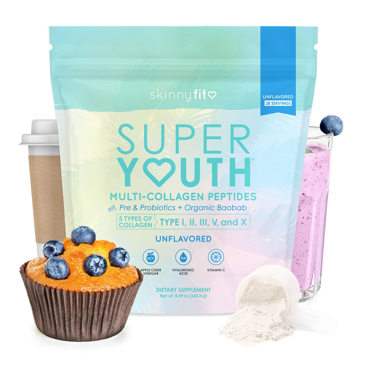 SkinnyFit Super Youth collagen bottle pour shows easy daily use for skin support.