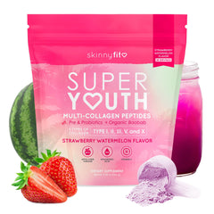 SkinnyFit Super Youth Collagen bottle shows the premium formula for potential skin and joint support.