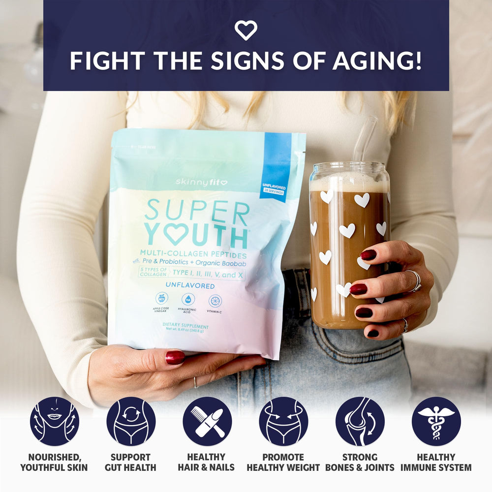 SkinnyFit Super Youth collagen dissolved drink highlights hydrating daily rituals.