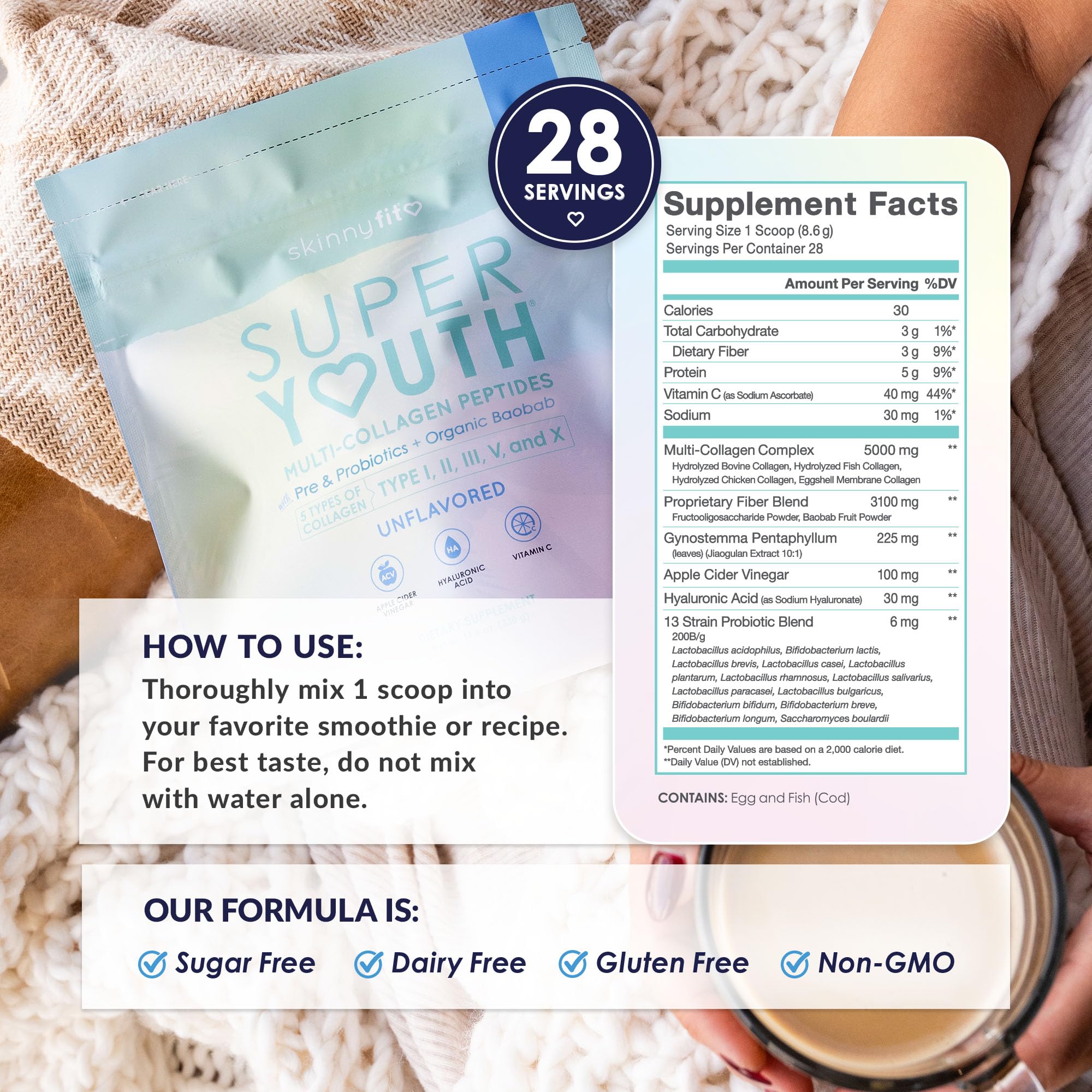 SkinnyFit Super Youth collagen label closeup emphasizes clean ingredients and probiotic blend.