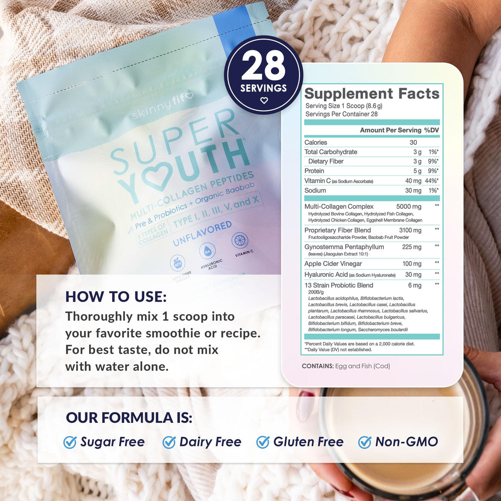 SkinnyFit Super Youth collagen label closeup emphasizes clean ingredients and probiotic blend.