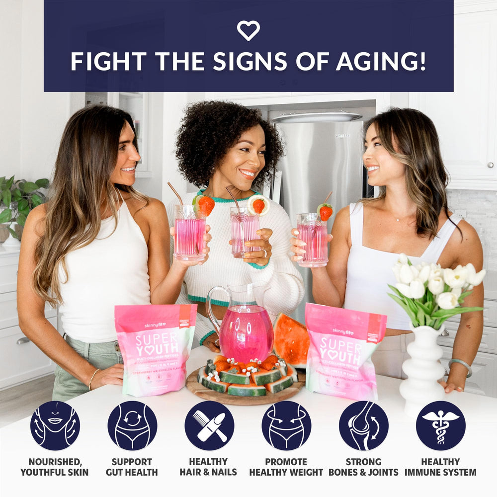 SkinnyFit Super Youth Collagen label highlights clean, sugar-free ingredients.