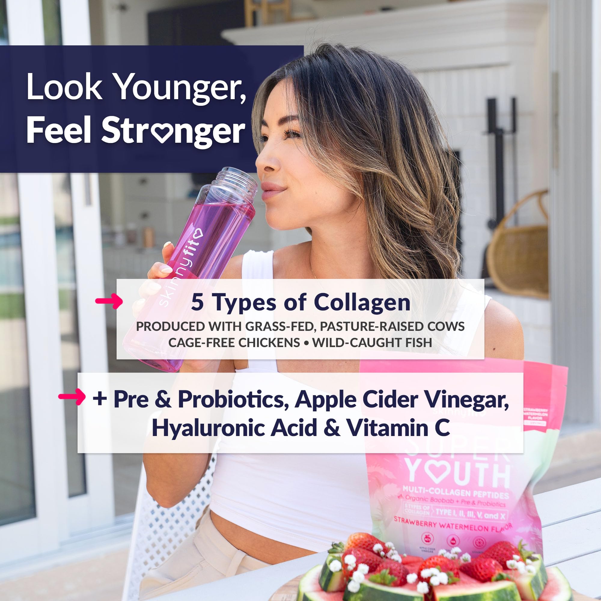 SkinnyFit Super Youth Collagen scoop illustrates easy daily serving for busy routines.