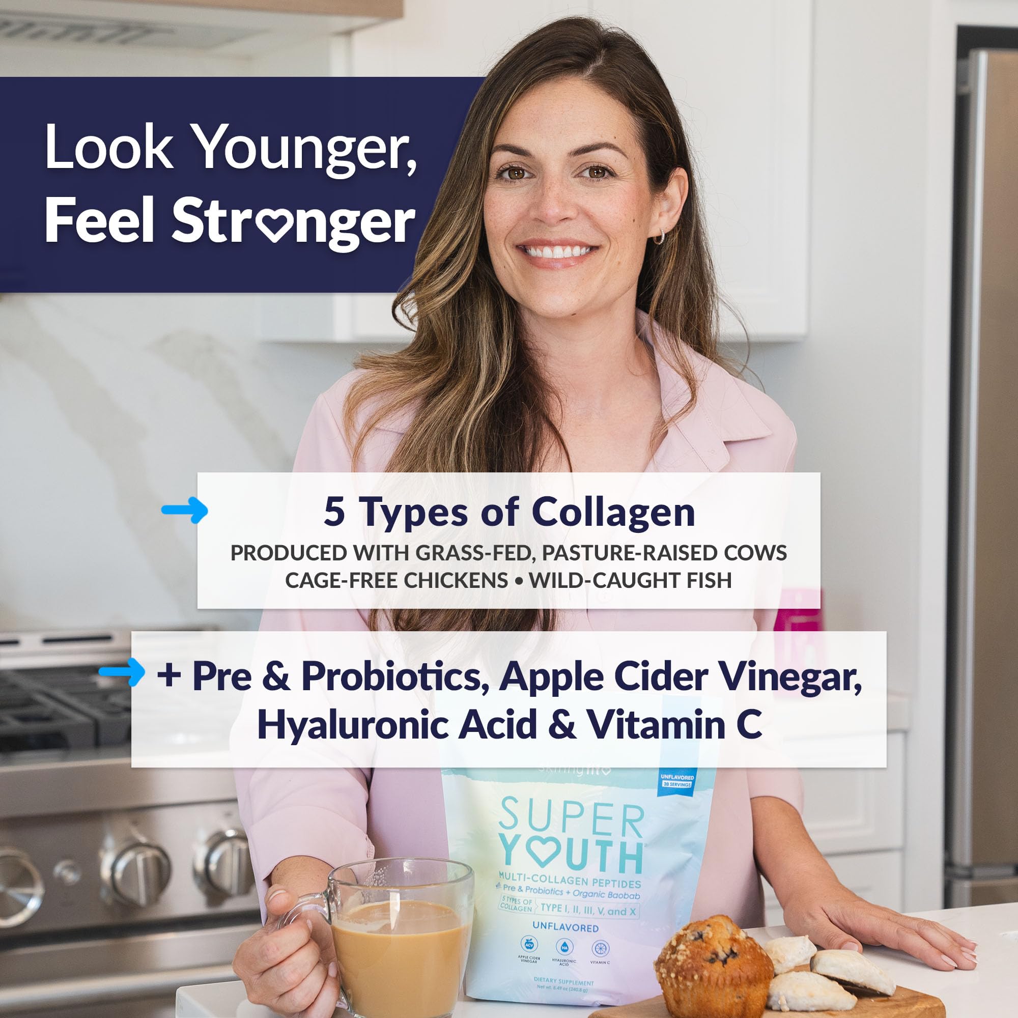 SkinnyFit Super Youth collagen scoop demonstrates quick mixing for on-the-go wellness.