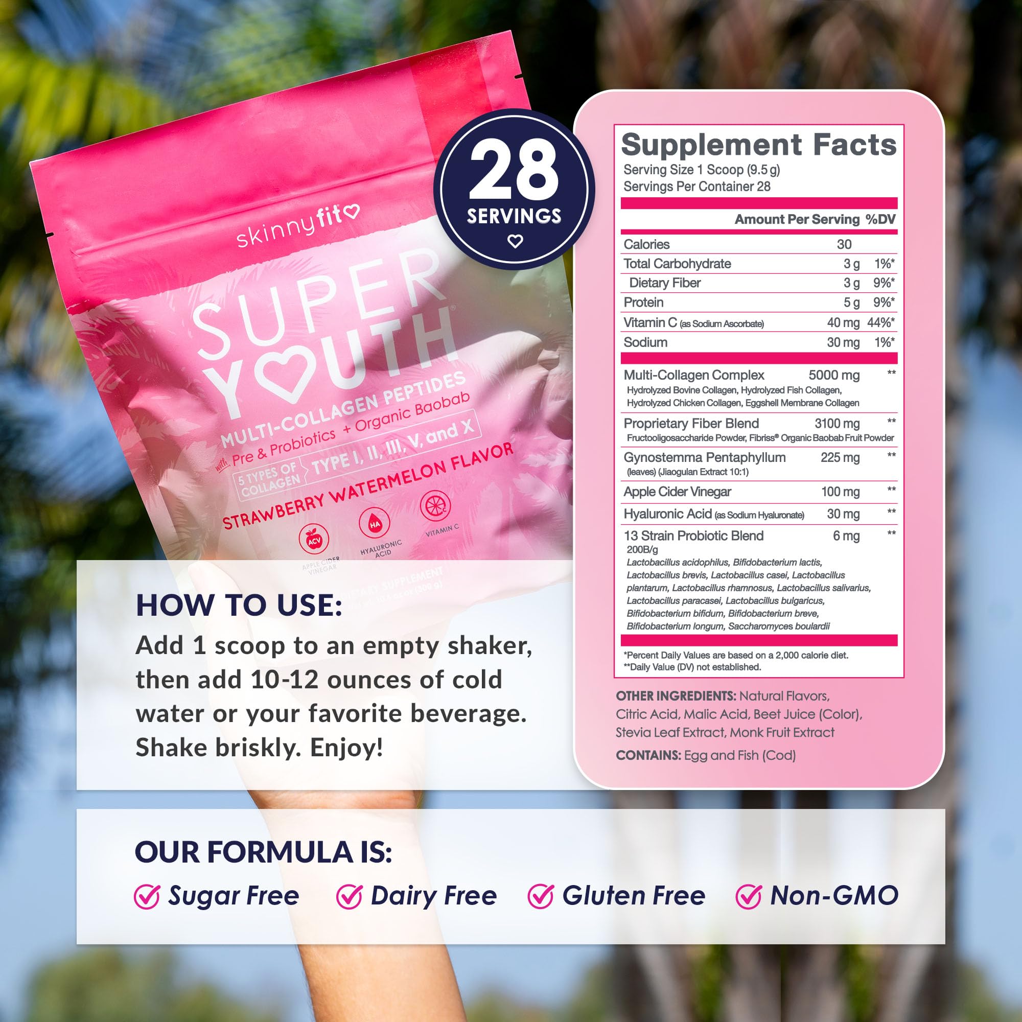 SkinnyFit Super Youth Collagen shaker demonstrates quick mixing for cold beverages.