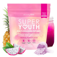 SkinnyFit Super Youth Collagen Tropical Punch bottle boosts daily wellness.
