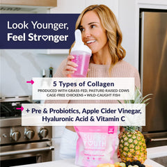 SkinnyFit Super Youth Collagen Tropical Punch shaker for quick mix.