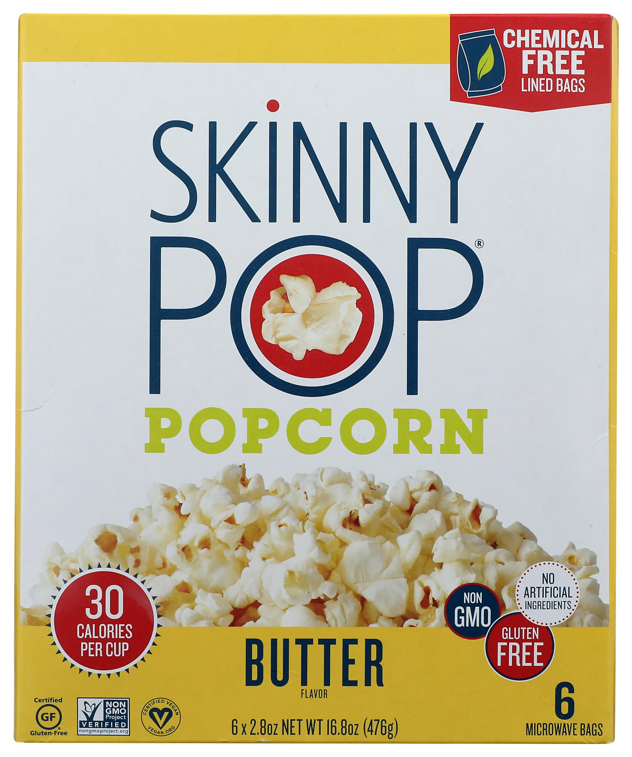 SkinnyPop Butter Microwave Popcorn bag front for quick snacking