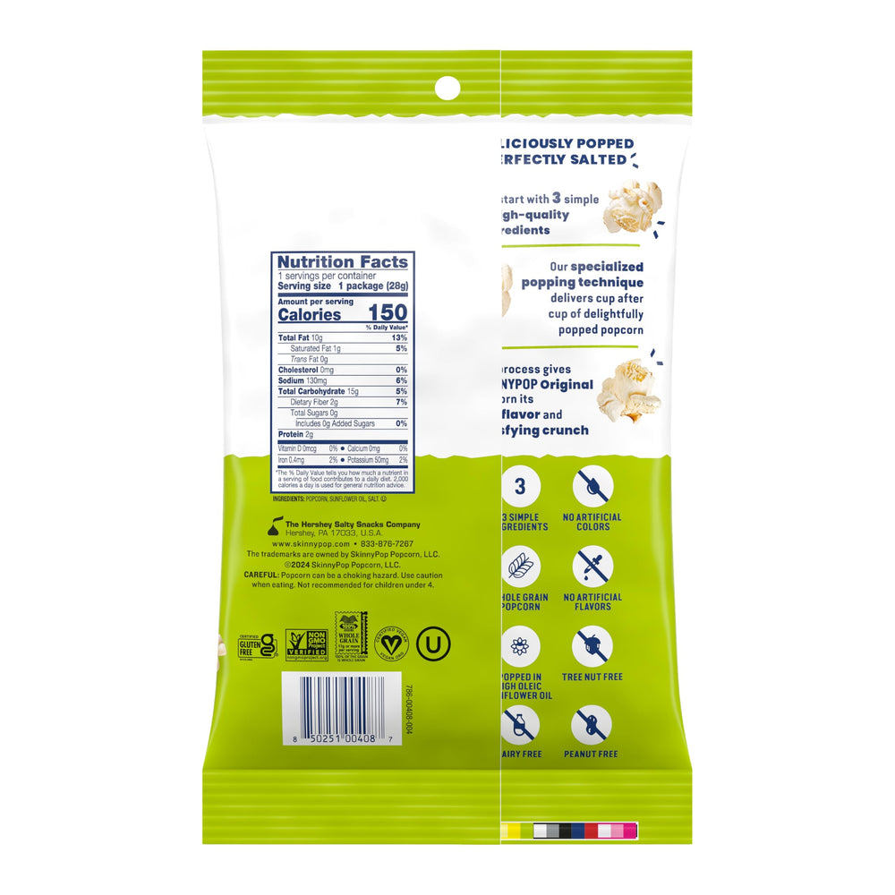 SkinnyPop Original 12ct packaging highlights convenient, on-the-go snacking for busy days.