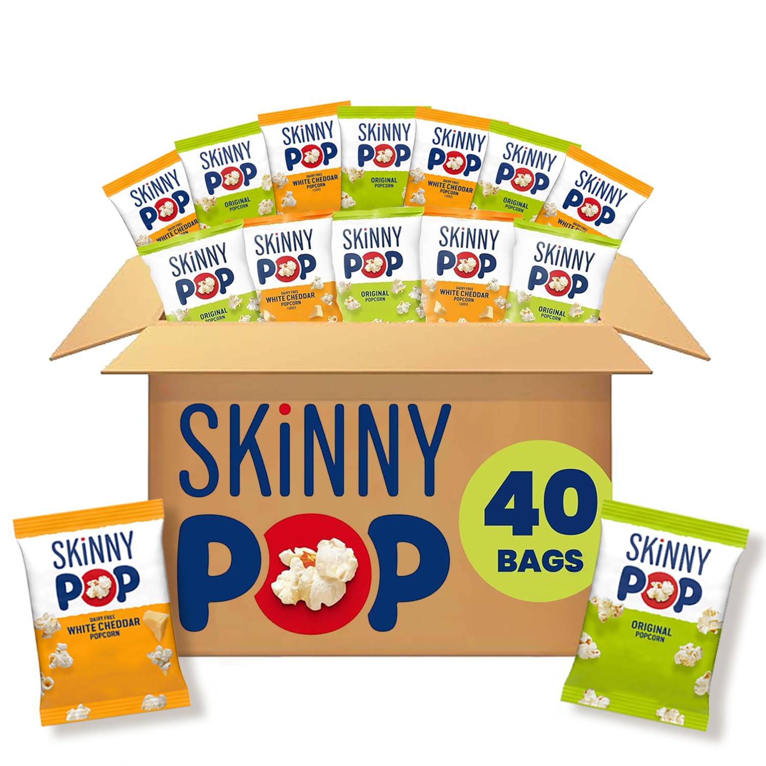 SkinnyPop Original bags front view in a 40-count box, perfect lunchbox snack.