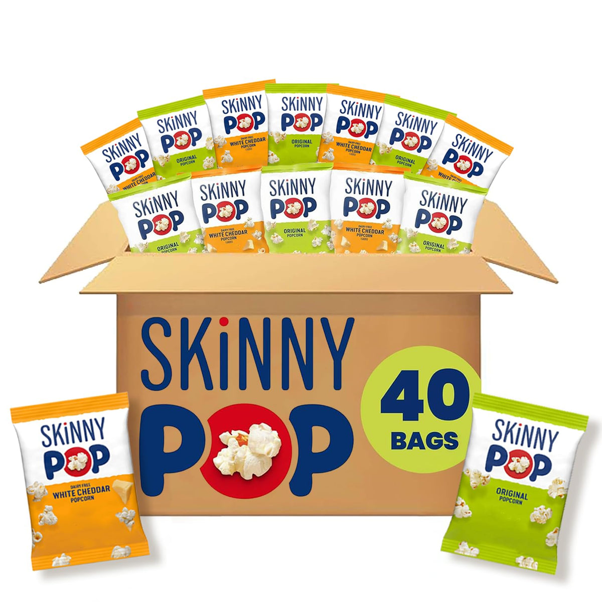 SkinnyPop Original bags front view in a 40-count box, perfect lunchbox snack.