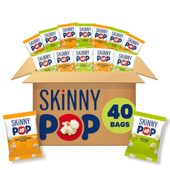 SkinnyPop Original bags front view in a 40-count box, perfect lunchbox snack.