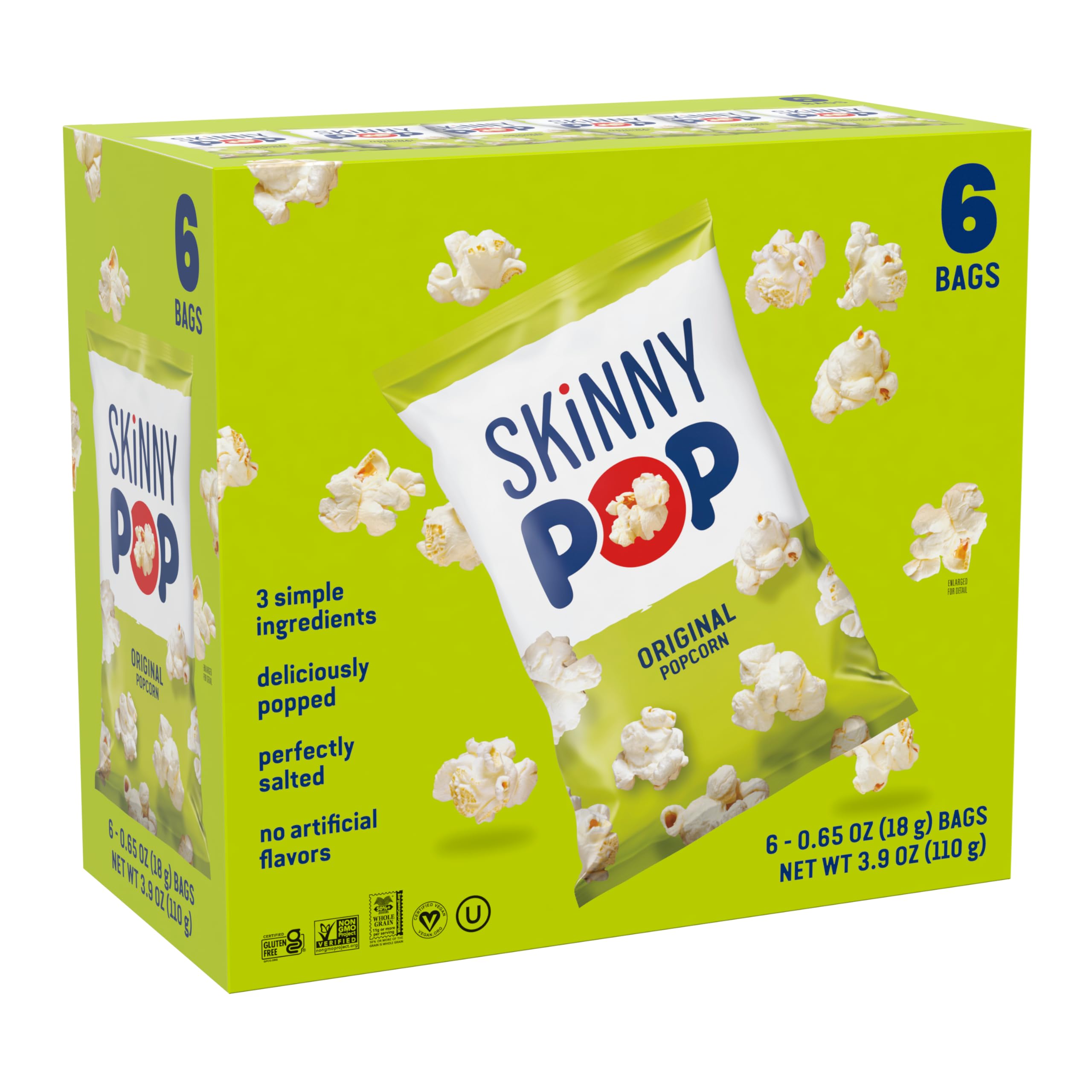 SkinnyPop Original six-pack popcorn bags for quick dairy-free snacking