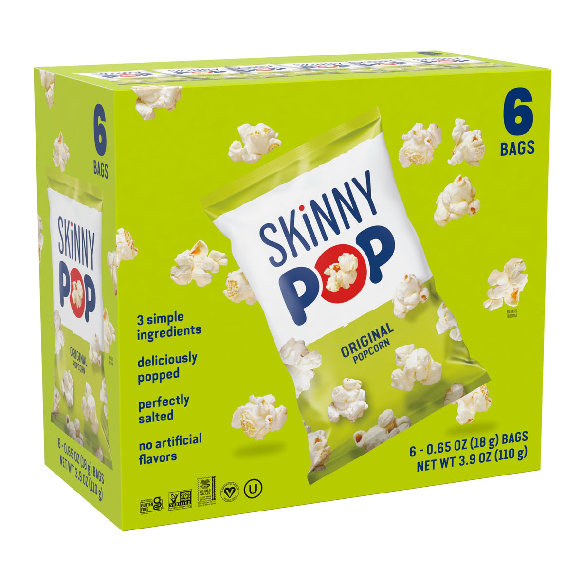 SkinnyPop Original six-pack popcorn bags for quick dairy-free snacking