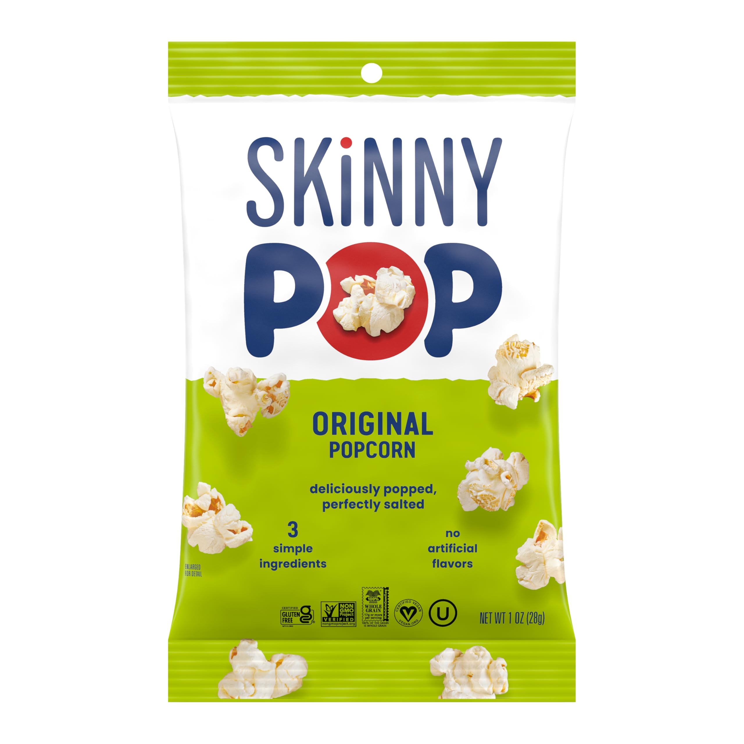 SkinnyPop whole grain popcorn action shot highlights wholesome ingredients and crunch.