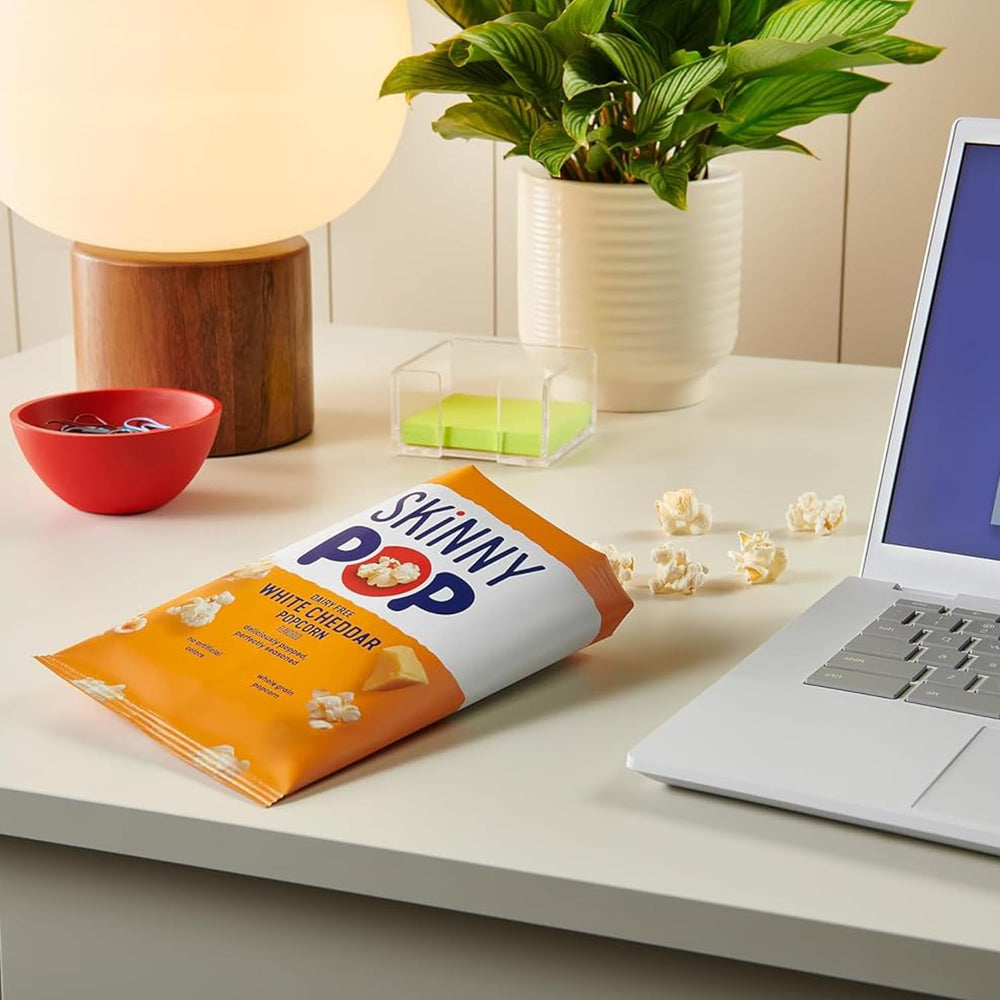 SkinnyPop whole grain popcorn ingredients panel close-up.