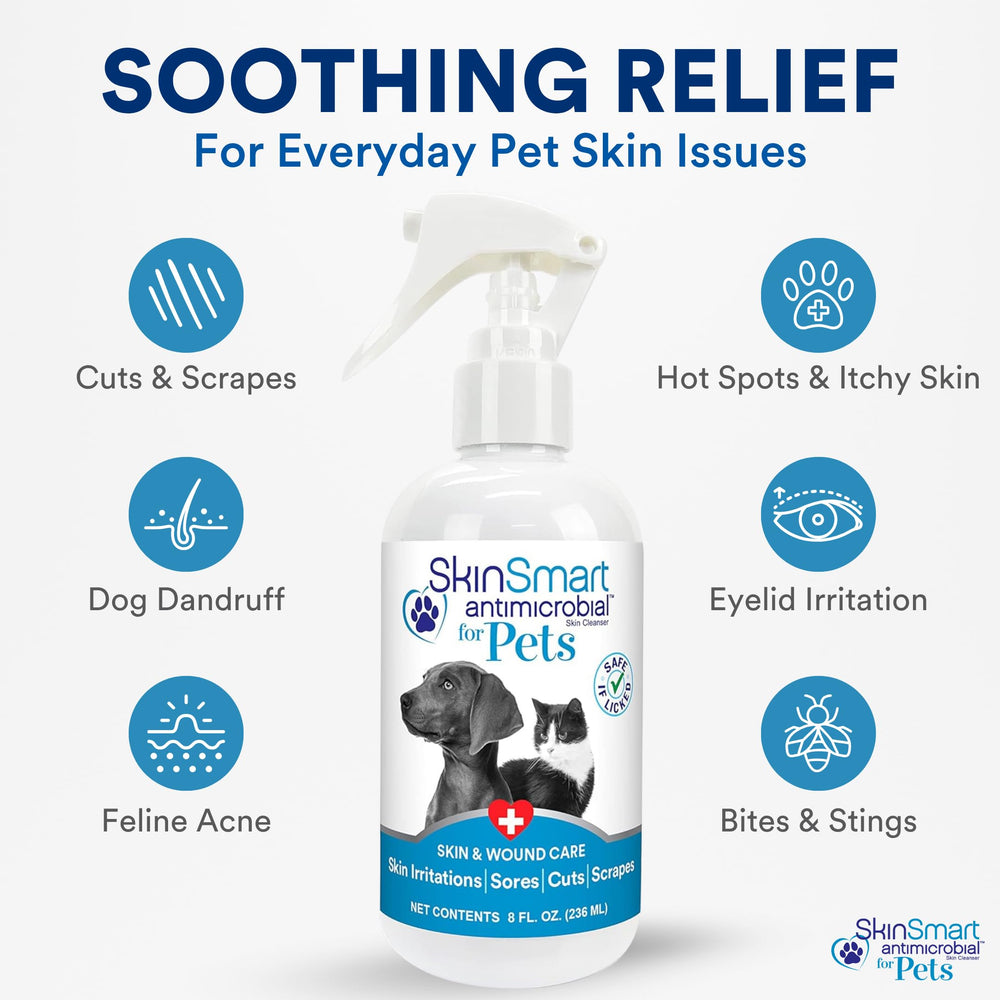 SkinSmart Antimicrobial for dogs, cats, and horses works across many pets.