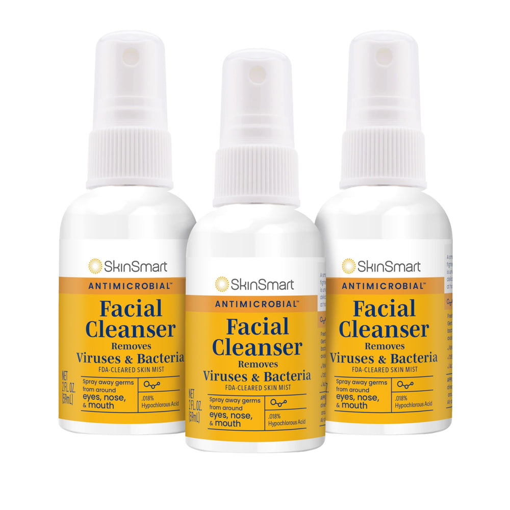 SkinSmart Antimicrobial facial cleanser spray bottle for on-the-go germ defense.