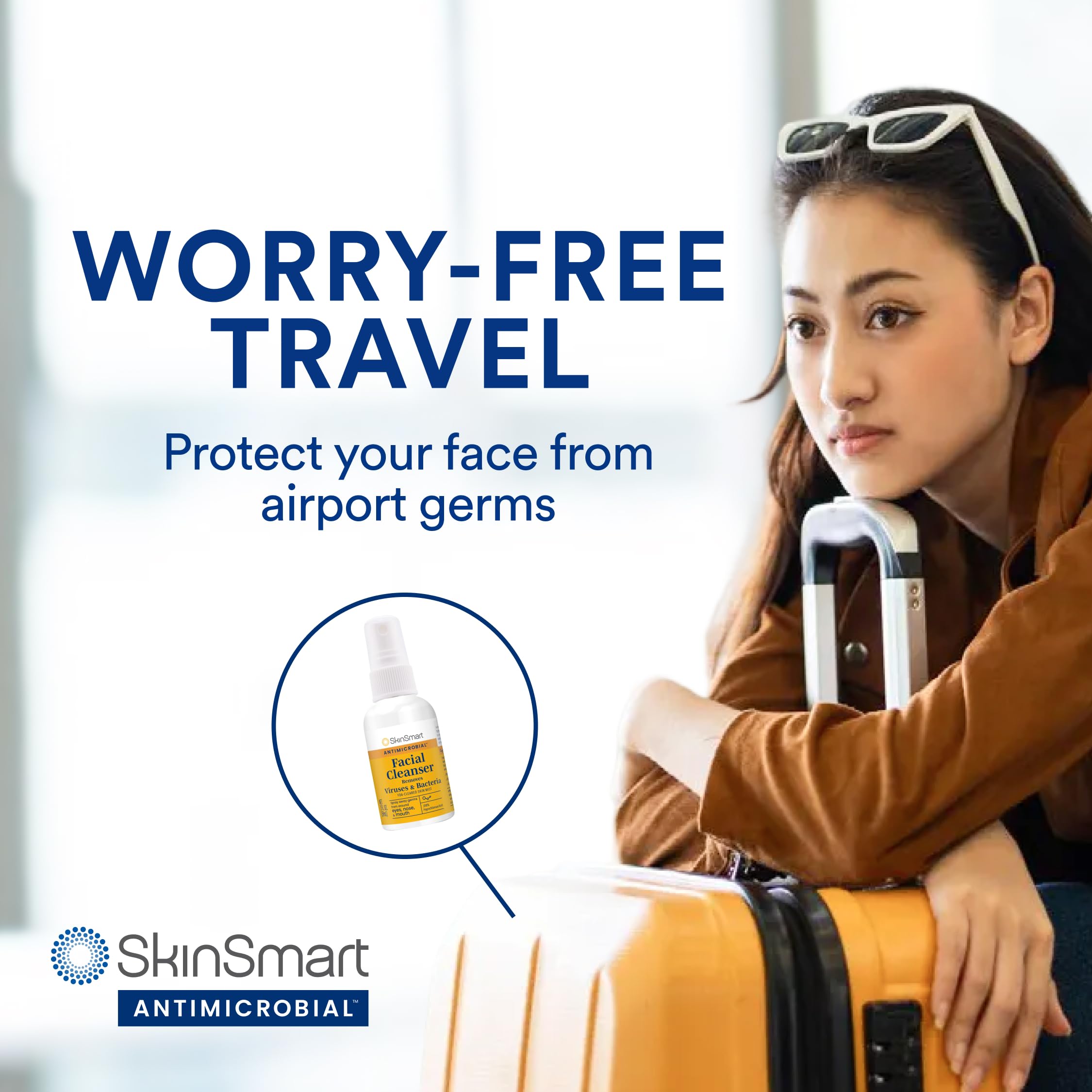 SkinSmart Antimicrobial mist on the face for quick, gentle daily germ protection.