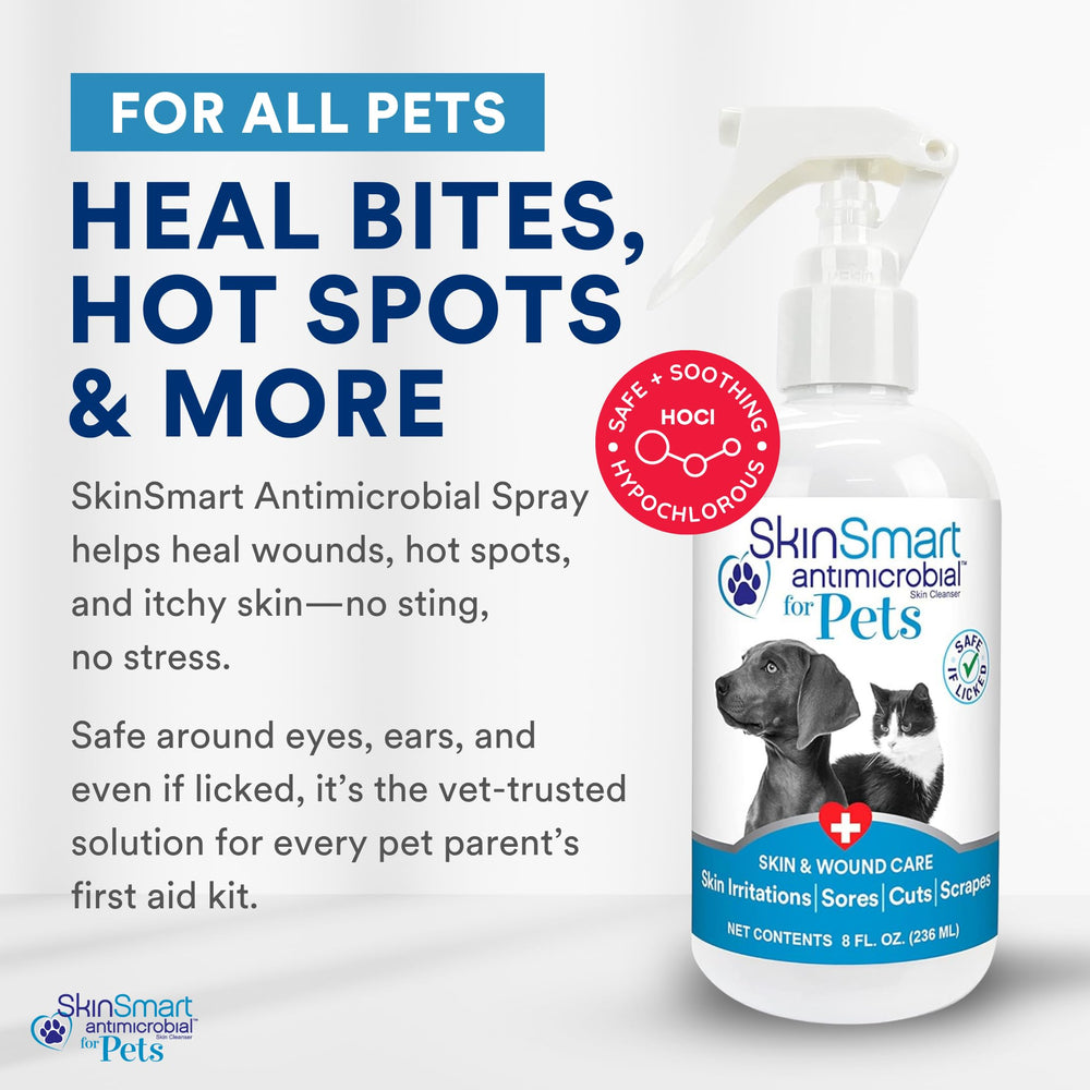 SkinSmart hypochlorous acid pet care visual highlights easy touch-free application.