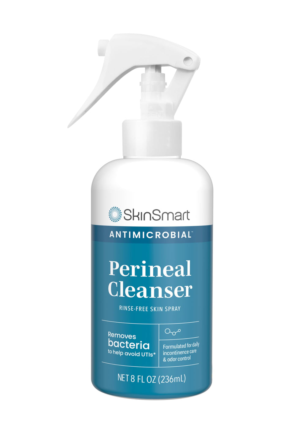 SkinSmart Antimicrobial perineal cleanser bottle for gentle rinse-free hygiene