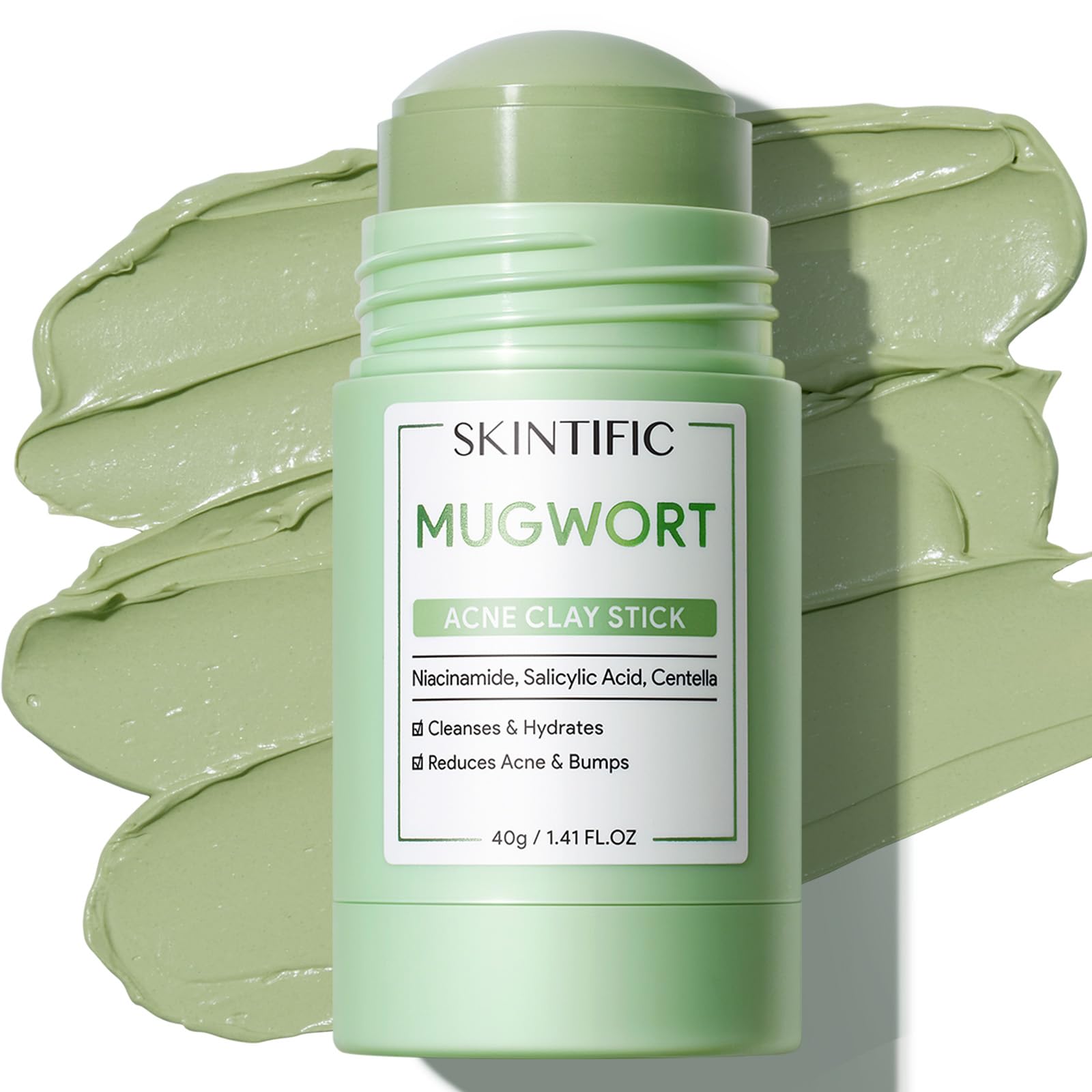 SKINTIFIC Mugwort Clay Stick Mask twist-up application for targeted pore care and redness relief.