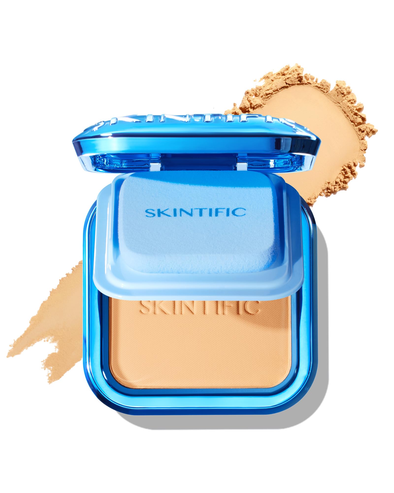 SKINTIFIC Ultra Cover Powder Foundation Petal compact shown for a smooth, full-coverage finish.