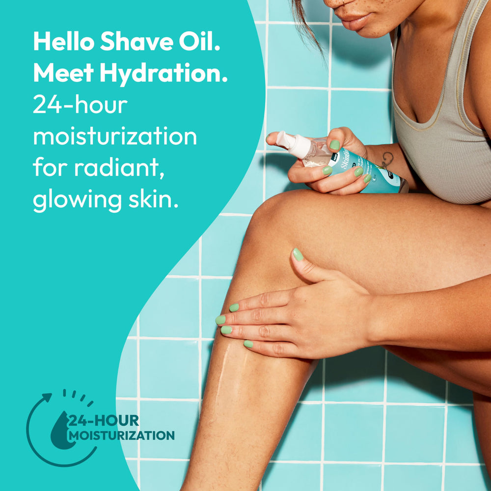 Skintimate 2-in-1 shave oil applied on wet skin for a smooth glide.