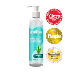 Skintimate 2-in-1 shave oil ingredients include aloe, vitamin E, and shea for nourished skin.