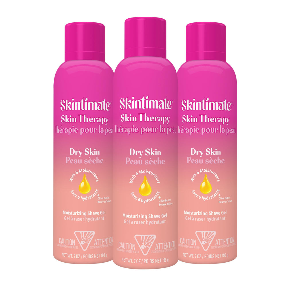 Skintimate Skin Therapy 3-pack bottle shown on shelf with rich moisture for a comfortable shave.
