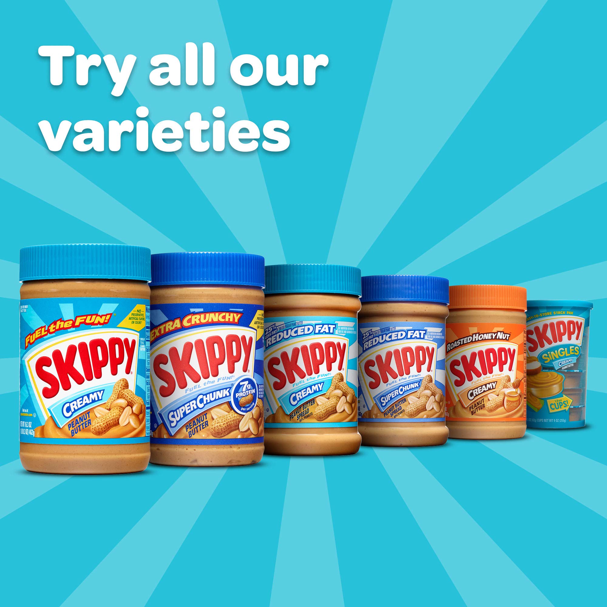 Large 64-ounce SKIPPY jar on a kitchen counter ready for family snacking.