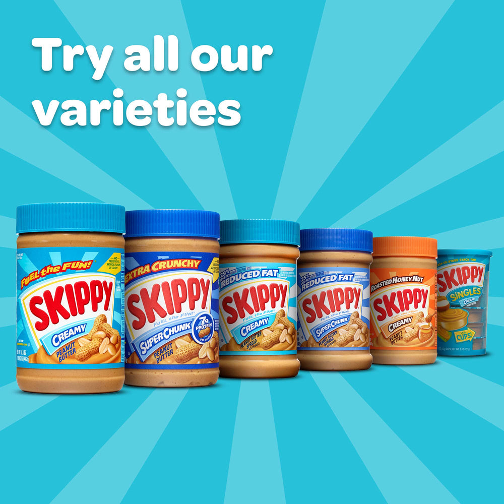 Large 64-ounce SKIPPY jar on a kitchen counter ready for family snacking.