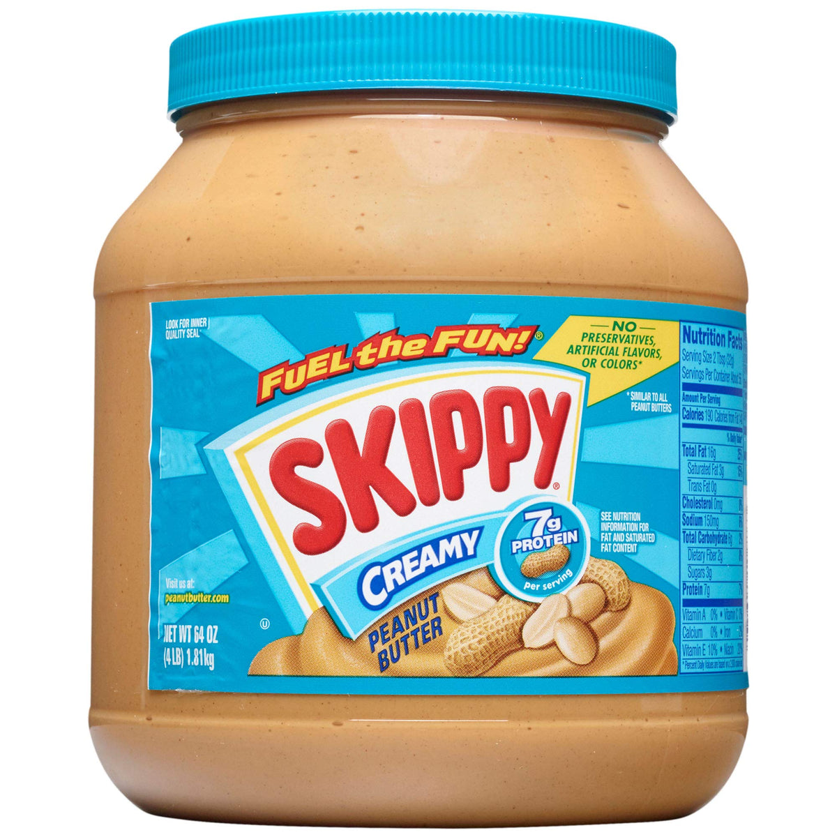 SKIPPY creamy peanut butter jar showing smooth spread and real roasted peanuts.