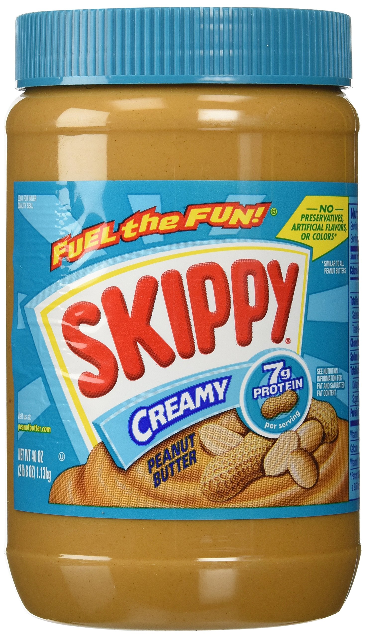 Skippy Creamy Peanut Butter jar with smooth, easy-to-spread texture.