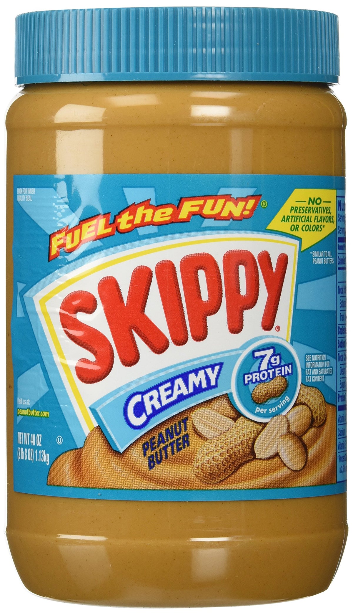 Skippy Creamy Peanut Butter jar with smooth, easy-to-spread texture.