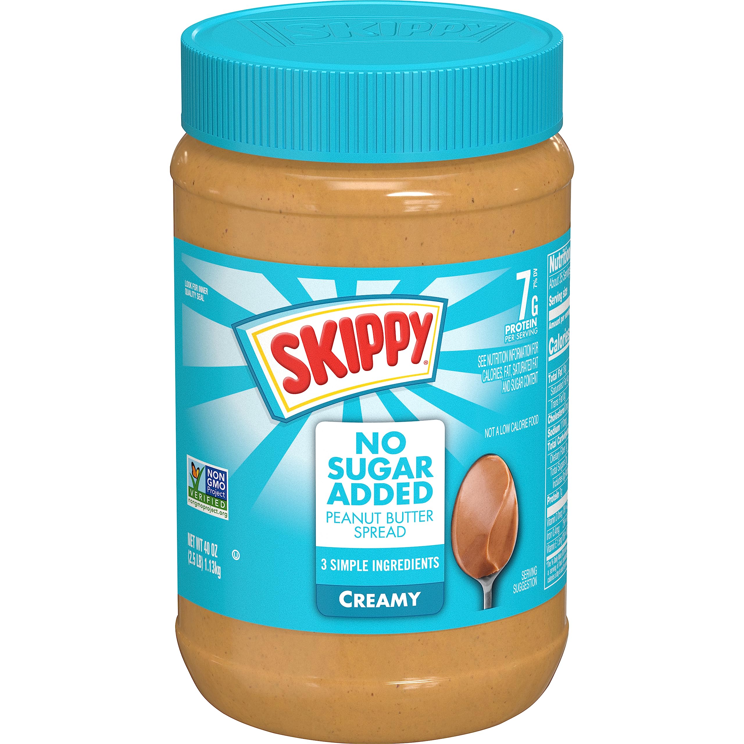 SKIPPY Creamy No Sugar Added peanut butter jar displaying simple ingredients and protein