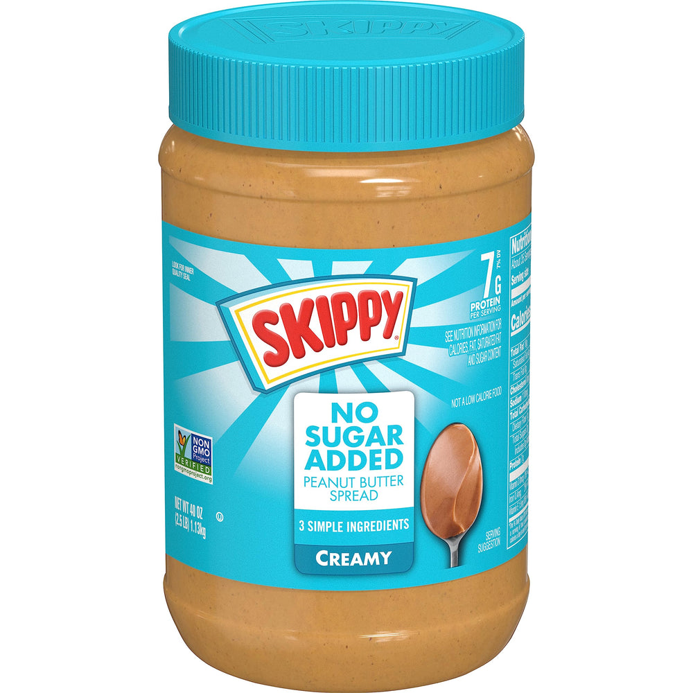 SKIPPY Creamy No Sugar Added peanut butter jar displaying simple ingredients and protein