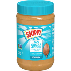 SKIPPY Creamy No Sugar Added peanut butter jar displaying simple ingredients and protein
