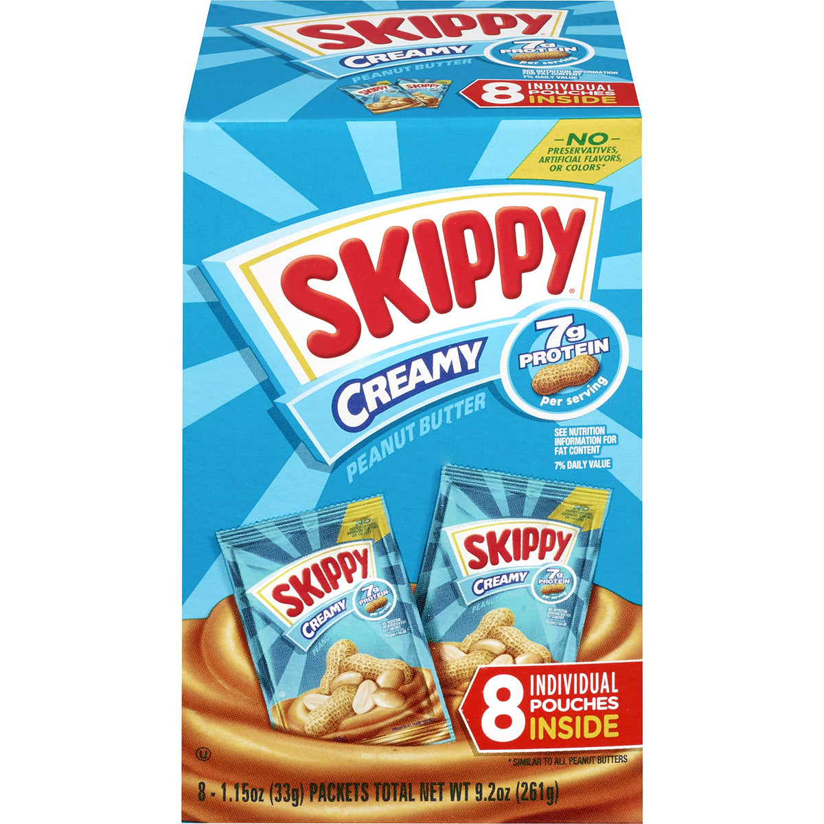 SKIPPY creamy peanut butter squeeze packs arranged in an 8 box display for lunches