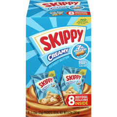 SKIPPY creamy peanut butter squeeze packs arranged in an 8 box display for lunches