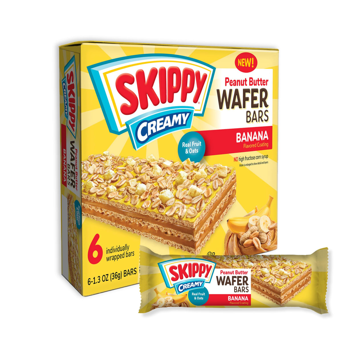 SKIPPY creamy peanut butter wafer bar banana-flavor with real fruit and oats for quick energy.