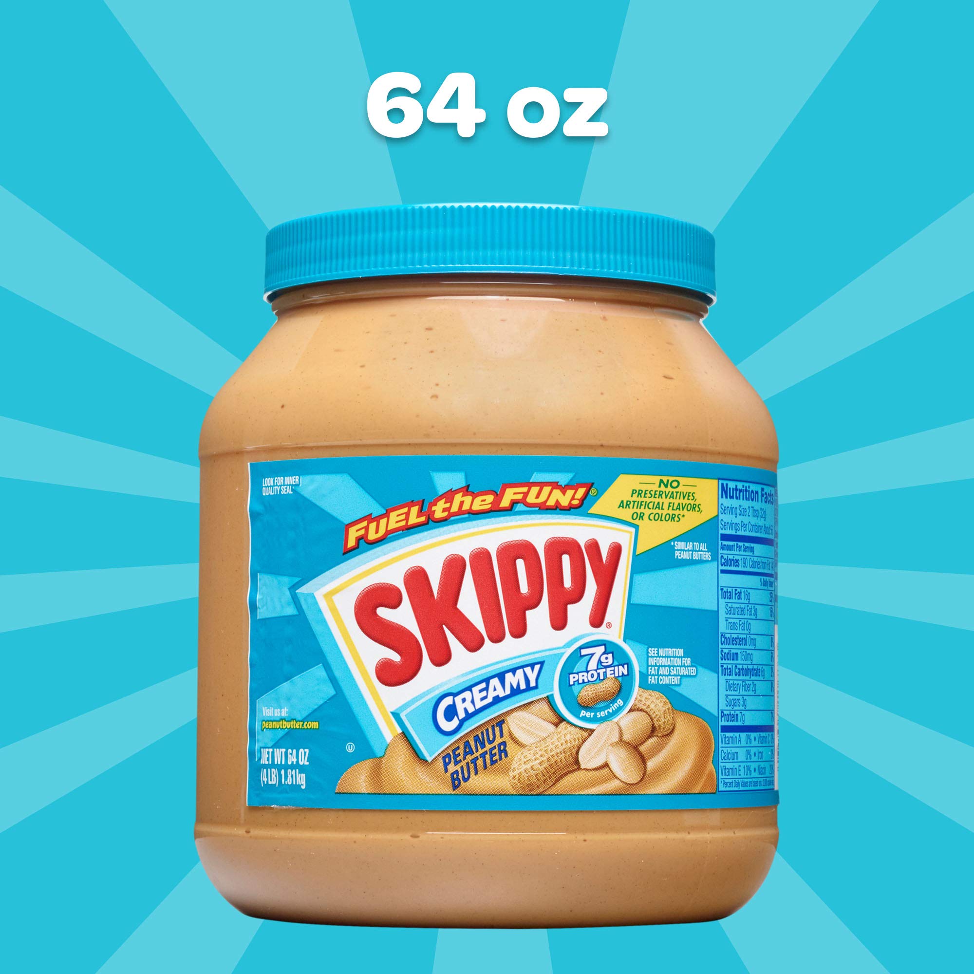 Kosher-certified SKIPPY peanut butter, tree-nut-free label, contains peanuts.