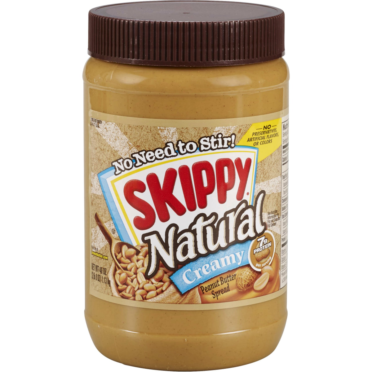 SKIPPY Natural Creamy Peanut Butter jar with real roasted peanuts.