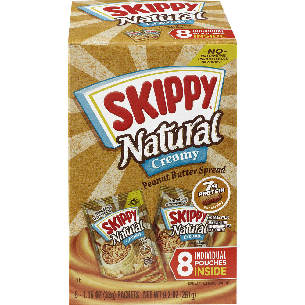 SKIPPY Natural Creamy Peanut Butter Squeeze Pack on the go for convenient protein.