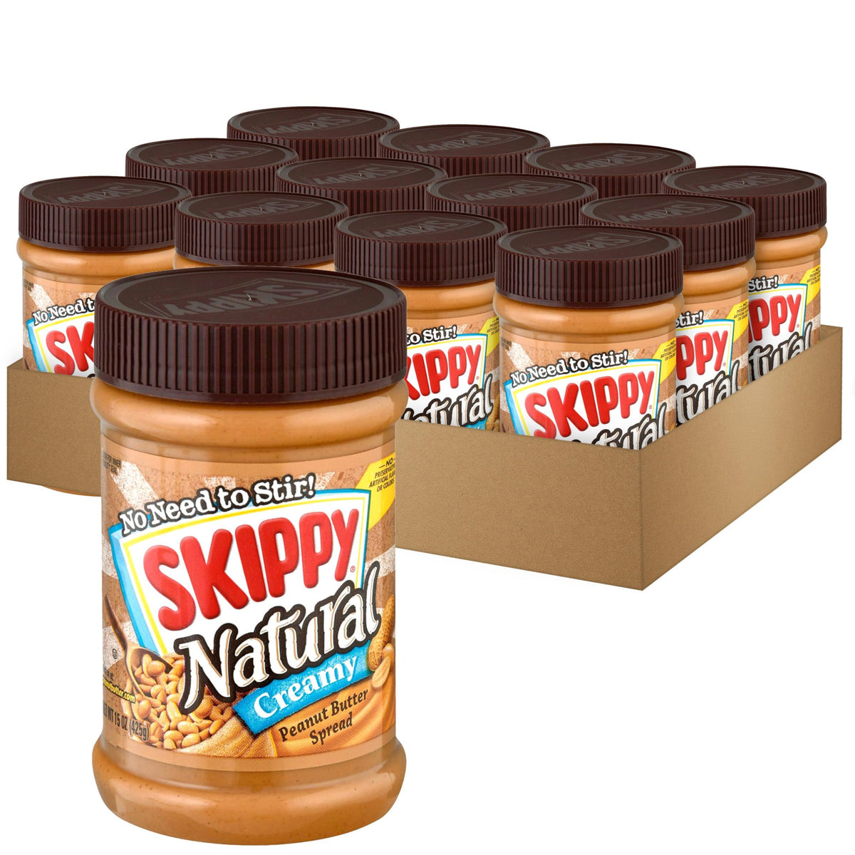 SKIPPY Natural Peanut Butter Spread creamy jar closeup with real peanuts and no oil separation.